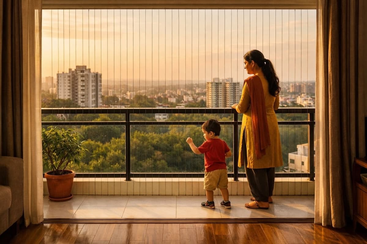 Modern apartment balcony with invisible safety grill installation by GrillNet Ranchi