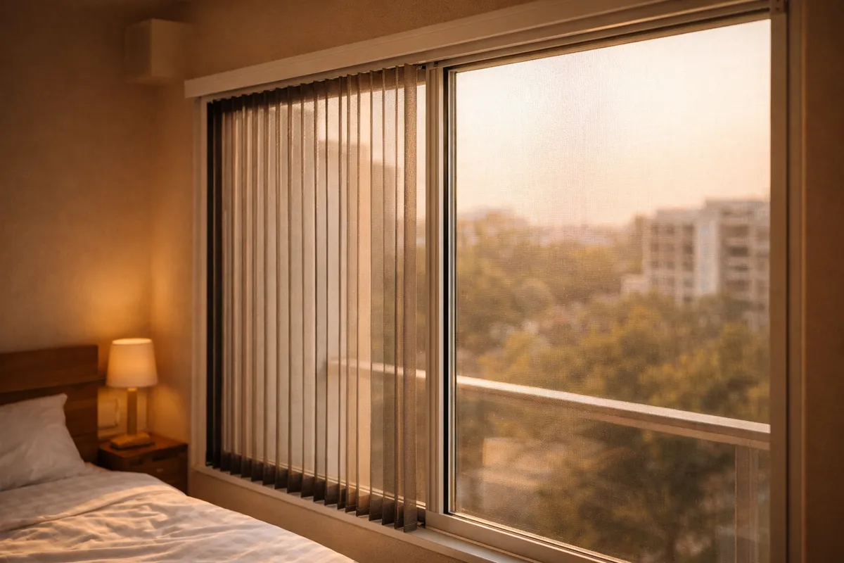 Pleated mosquito net installed on bedroom window with smooth retractable mesh in Ranchi home