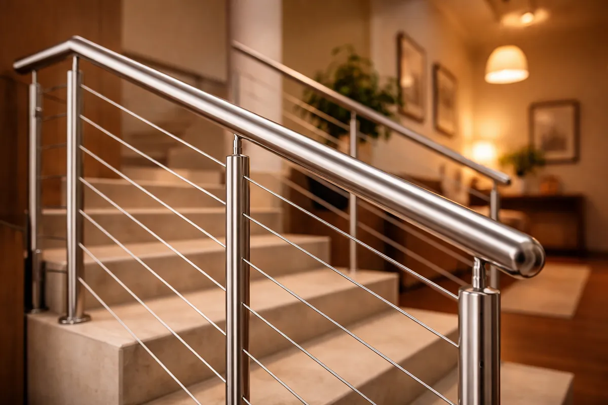 Stainless steel railing with glass panel design on staircase in Ranchi home